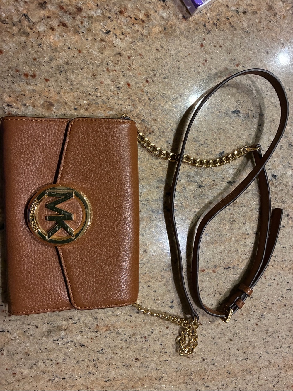 Michael Kors Tan Pebbled Leather Logo Crossbody with Gold Hardware